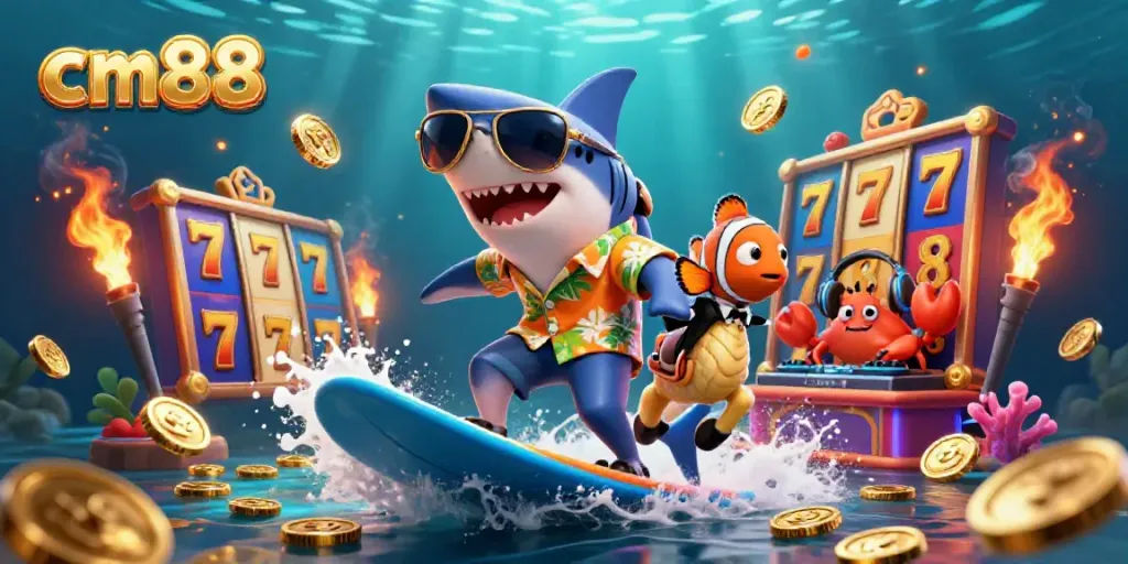 Enjoy thrilling cm88 casino adventures with a shark riding gold coins and unique underwater characters.