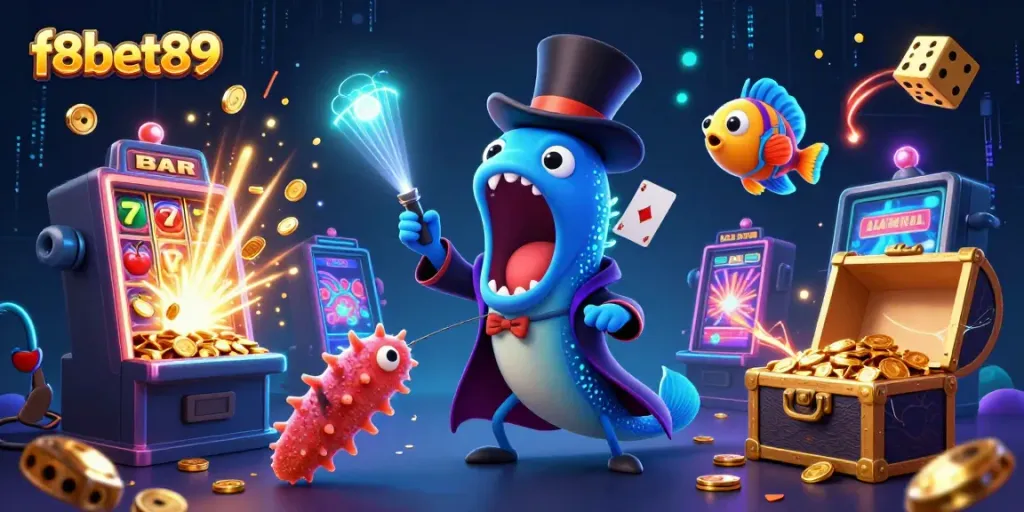 Experience magic with f8bet89 as the gulper eel performs dazzling card tricks in a vibrant casino