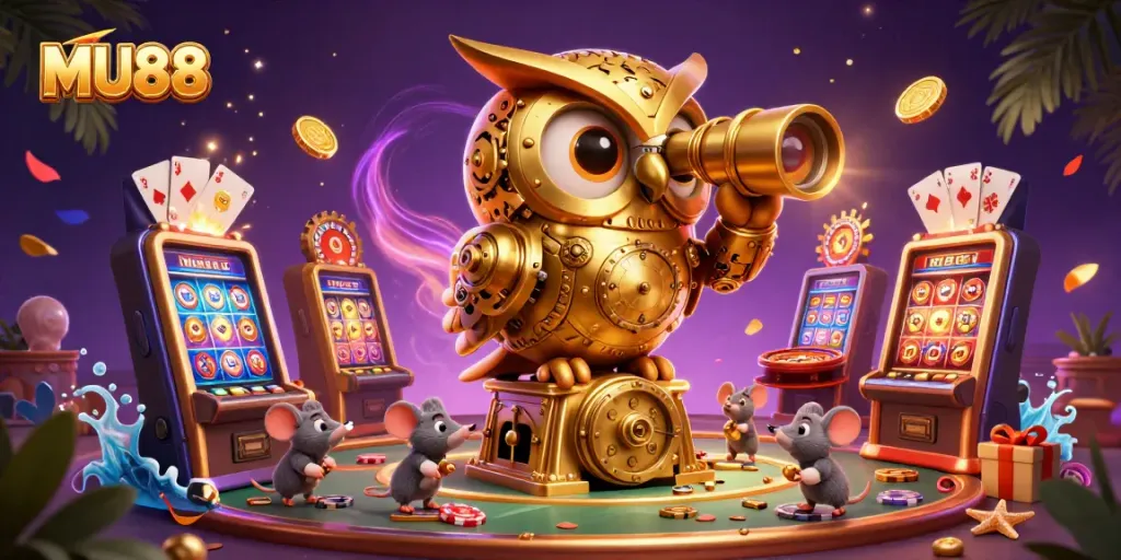 Experience the excitement of MU88 with a vibrant casino scene featuring a golden owl, slot games, and tiny mice patrons.