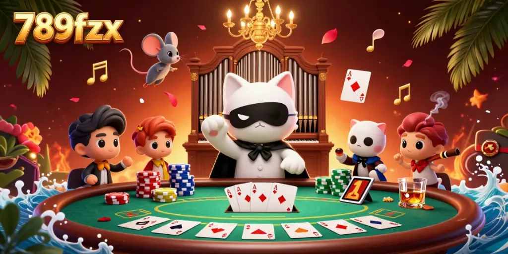 Experience thrilling action in a vibrant casino scene featuring 789fzx, where poker champions celebrate with lavish gameplay.
