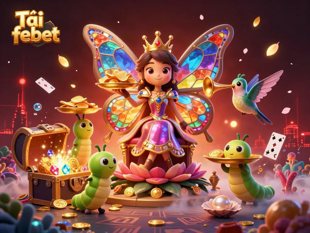 Experience the thrill of Tải febet as the butterfly queen presides over vibrant casino elements.