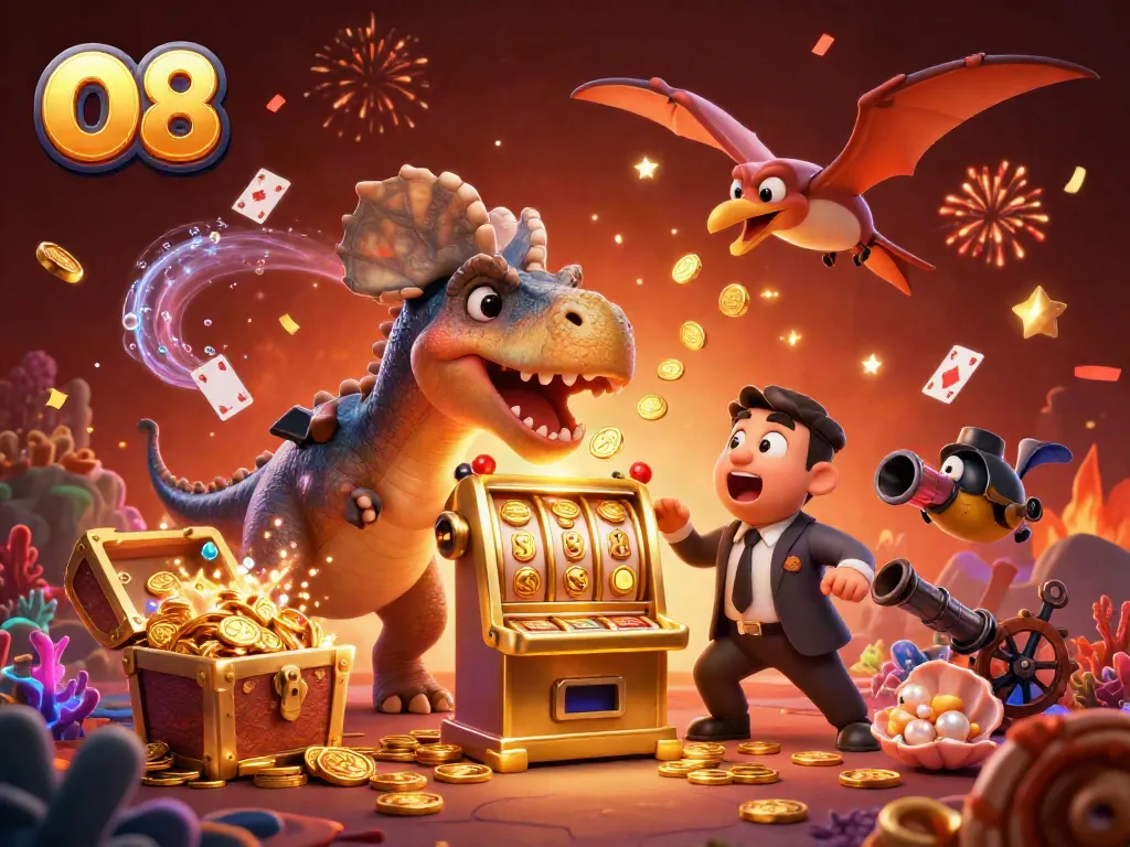 Witness the excitement of O8 as pachycephalosaurus and friends win jackpots in a vibrant casino!