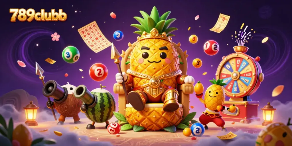 Engage with the vibrant world of 789clubb, where a golden pineapple king and his jester entertain amidst dynamic casino gaming elements.