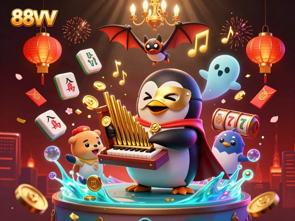 Experience 88VV's thrilling casino world with a vibrant scene of a penguin and dynamic gaming elements.