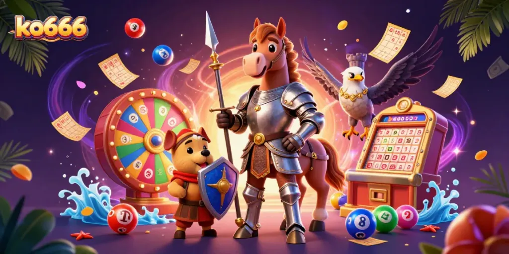 Engage with ko666's vibrant casino scene featuring a knight, squire, and falcon with dynamic lottery elements.