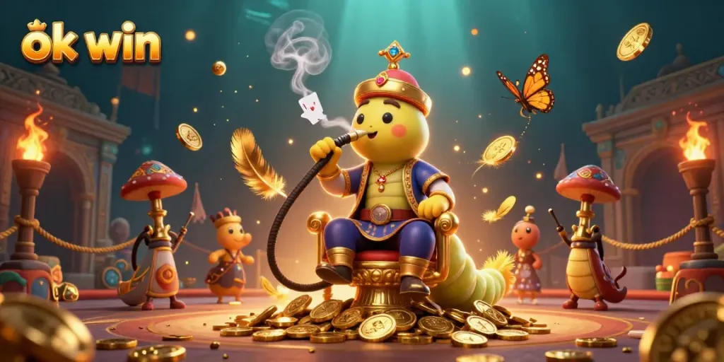 Experience the excitement at ok win with a whimsical 3D cartoon scene showcasing vibrant casino elements.