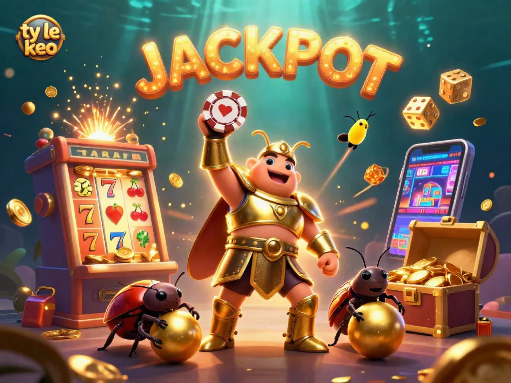 Experience ty le keo excitement with a cartoon beetle winning in a vibrant casino scene.