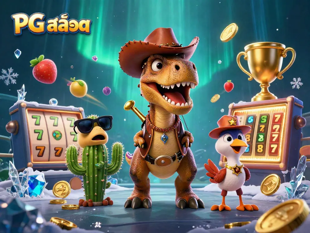 Play PG สล็อต with a dynamic T-Rex and colorful slot elements in an exciting casino scene.