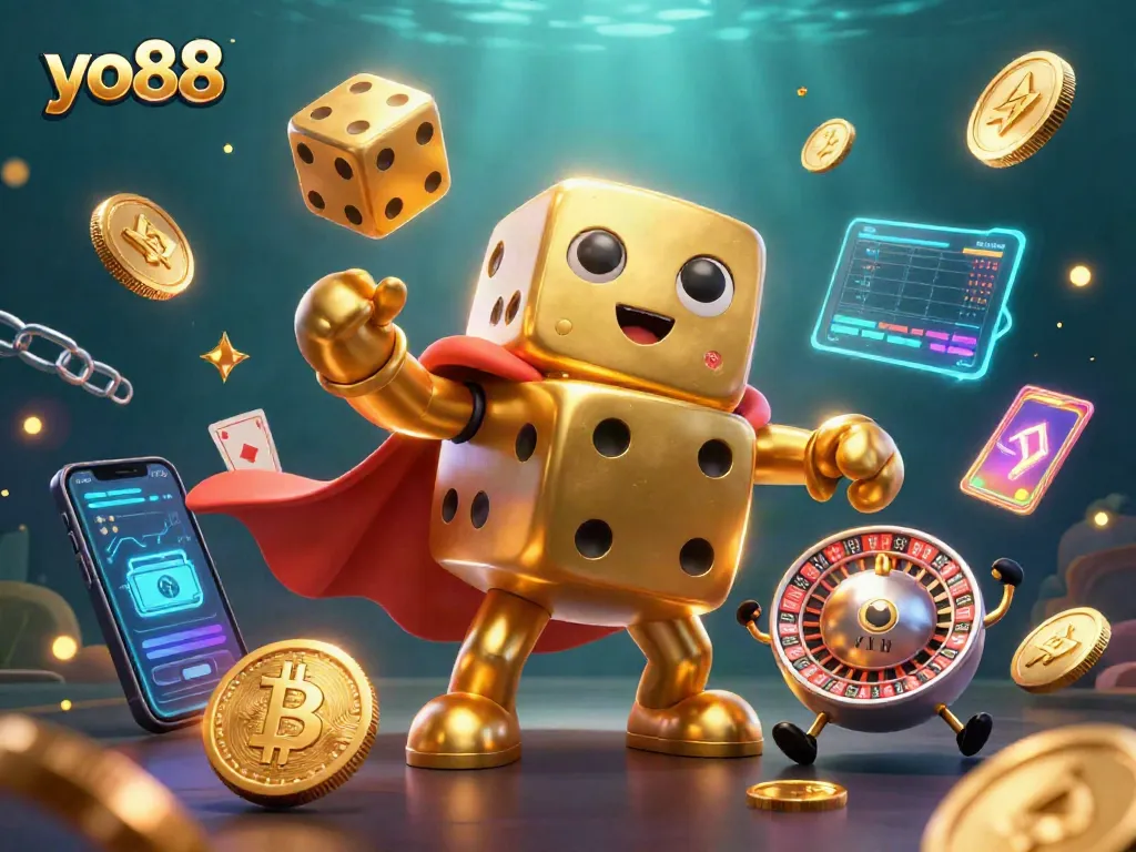 Join the excitement at yo88 with a vibrant 3D casino illustration showcasing golden dice and crypto coins.