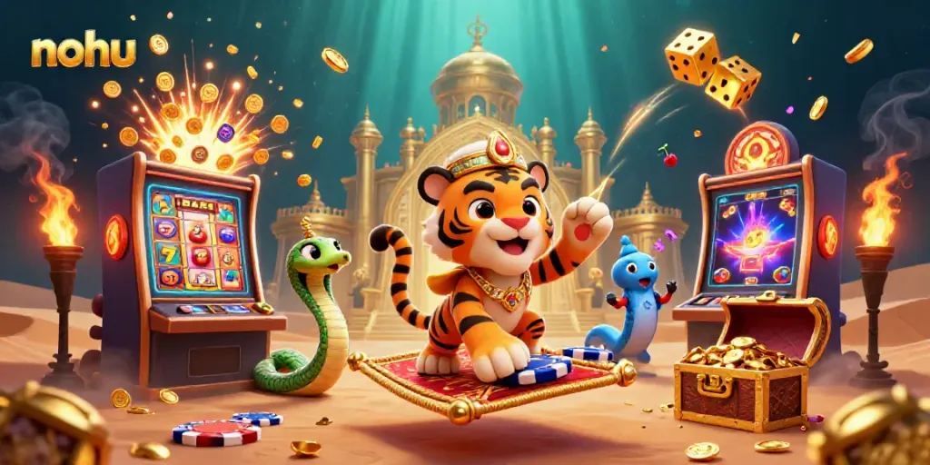 Nohu casino excitement illustrated with a colorful 3D scene featuring a sultan and jackpot symbols.