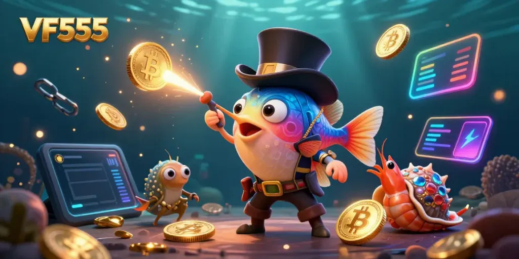 Engage with VF555’s vibrant casino world, where a deep-sea anglerfish attracts golden coins with its shining lure, amidst a backdrop of neon cryptocurrencies.