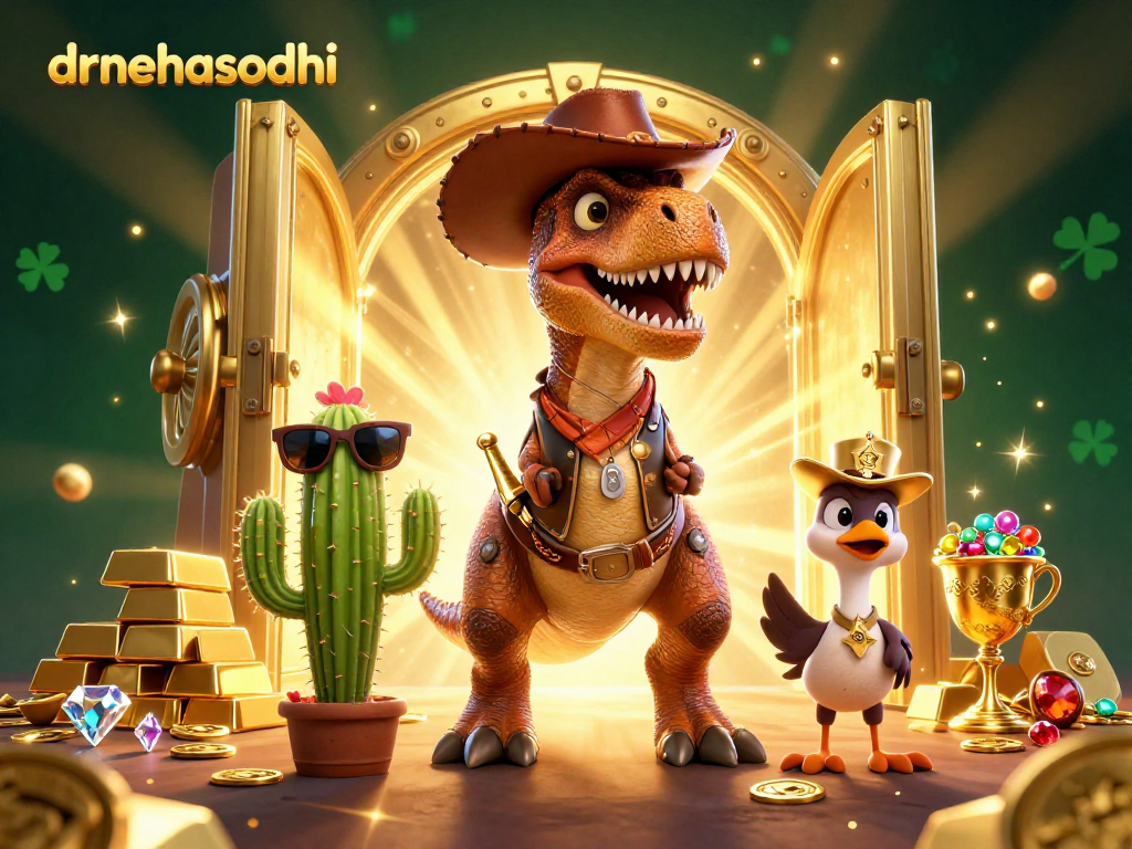 Engage in thrilling gaming at drnehasodhi featuring dynamic cartoon cowboy dinosaur and casino treasures.
