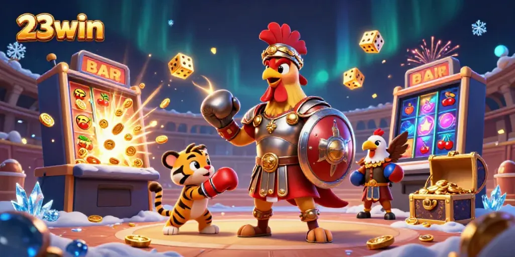 Experience thrilling wins at 23win with a dynamic casino scene featuring epic characters and games.