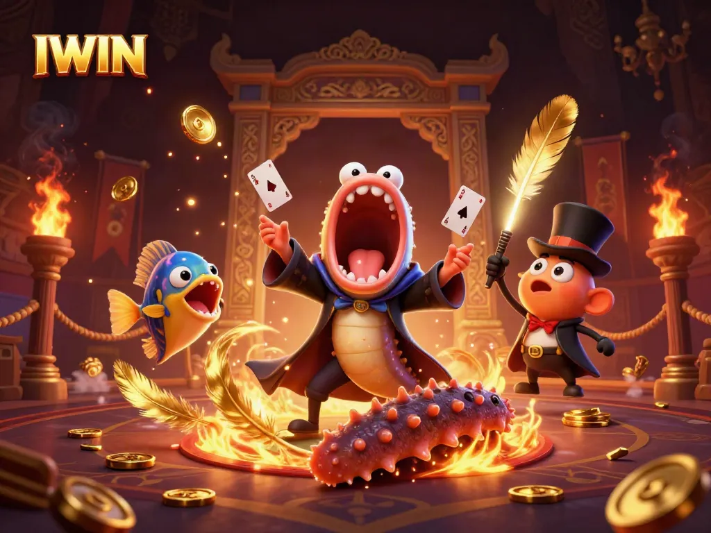 IWIN features a colorful 3D illustration of a gulper eel magician showcasing card tricks in a vibrant casino scene.