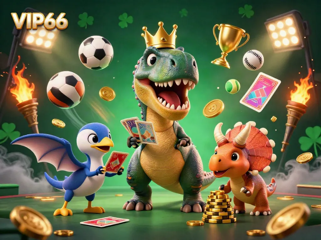 Engage with VIP66 as a T-Rex and friends shuffle cards and stack chips in a vibrant casino scene.